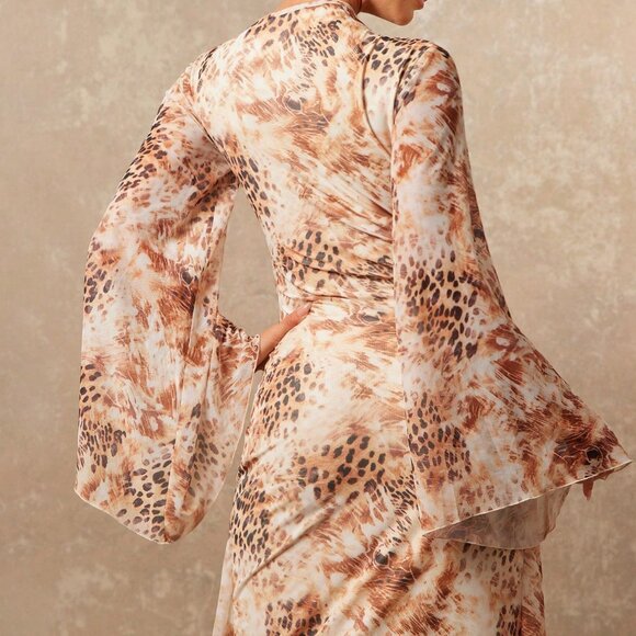 Multicolor Casual Women's Tie-Dye Leopard Print Mesh V-Neck Dress - Picture 7 of 7